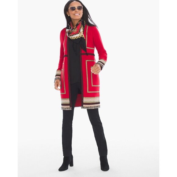 Chicos Reba Womens Red Cardigan With Tribal Embroidered Trim & Open Front - Picture 3 of 13